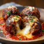 Mozzarella Stuffed Meatballs Close-up of mozzarella stuffed meatballs with gooey melted cheese stretching out, covered in tomato sauce, ultra realistic food photography, macro shot, high contrast, mouth-watering detail, 4k