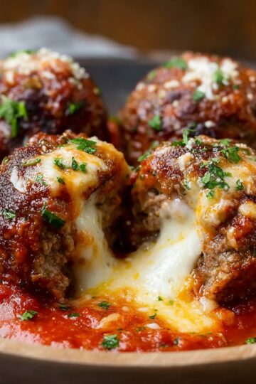 Easy Mozzarella Stuffed Meatballs | 8 Simple Steps (55 characters) 2 Mozzarella Stuffed Meatballs Close-up of mozzarella stuffed meatballs with gooey melted cheese stretching out, covered in tomato sauce, ultra realistic food photography, macro shot, high contrast, mouth-watering detail, 4k