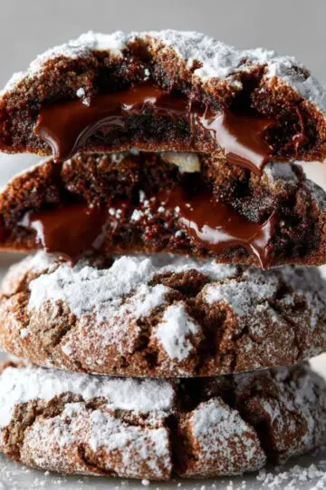 Nutella Crinkle Cookies Recipe | Soft & Fudgy 3 Nutella crinkle cookies Homemade Nutella crinkle cookies stacked with cracked powdered sugar exterior and gooey chocolate filling