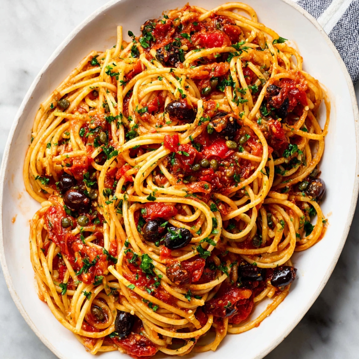 Pasta Puttanesca Overhead view of spaghetti alla puttanesca in a white oval dish, with long noodles coated in tomato sauce, black olives, capers, chopped parsley, and red pepper flakes on a light marble surface.