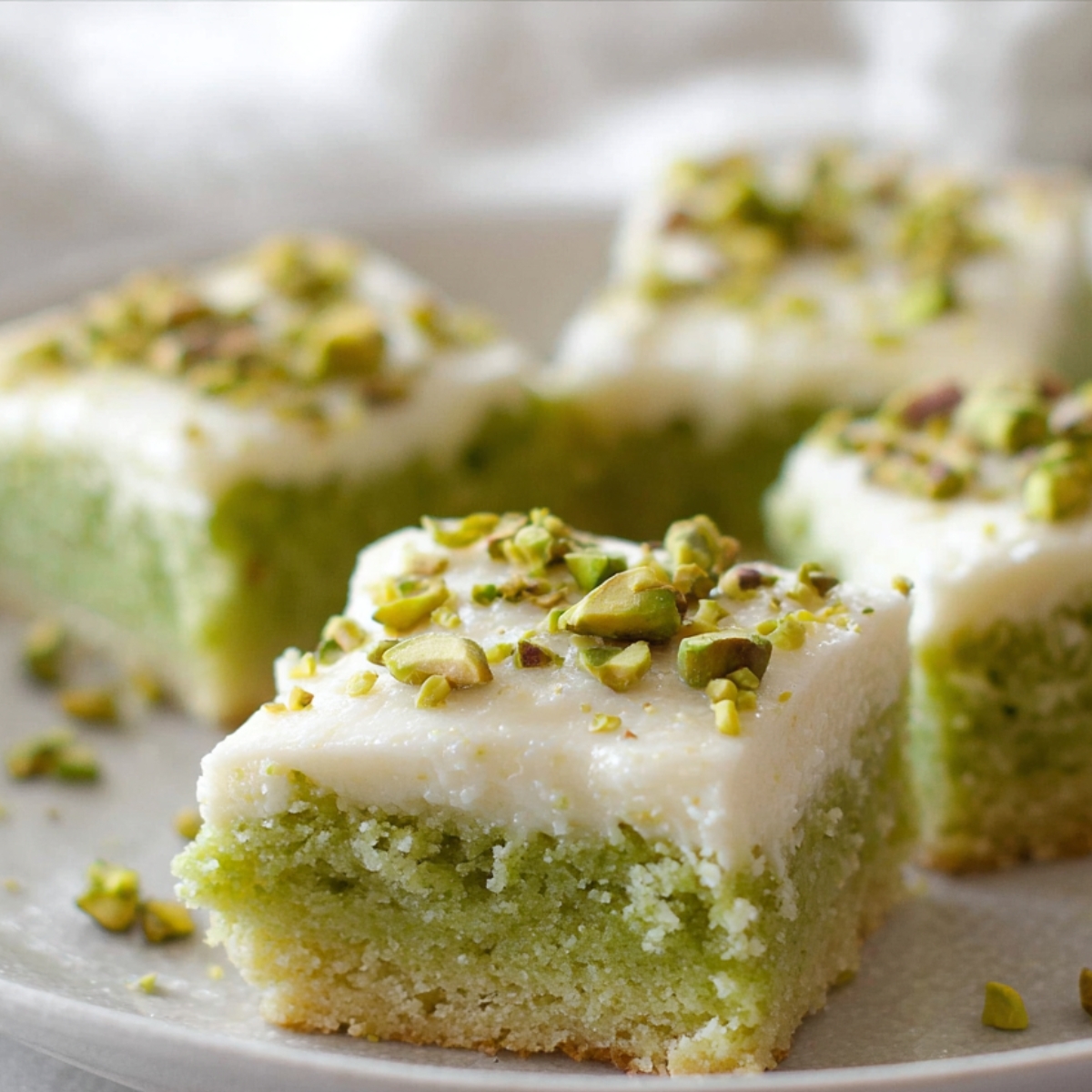 Pistachio Cookie Bars Close-up of pistachio cookie bars cut into squares on a white plate, soft green interior with creamy white frosting on top, sprinkled chopped pistachios, natural window light, shallow depth of field, elegant homemade dessert photography, cozy and minimal styling.