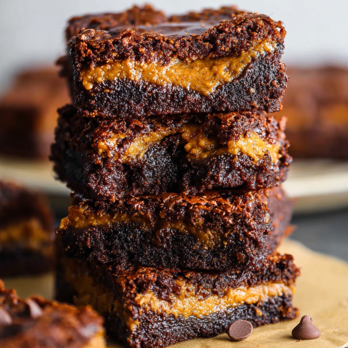 Pumpkin Brownies Recipe A stack of pumpkin brownies, showing the gooey, pumpkin-infused center between layers of rich chocolate, ready to be enjoyed.