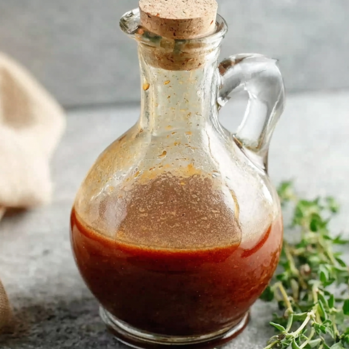 Red Wine Vinaigrette Homemade red wine vinaigrette stored in a small glass bottle with a cork stopper, set on a stone surface with fresh thyme.