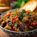 Sicilian caponata recipe Sicilian caponata served in a bowl with crusty bread, featuring eggplant, tomatoes, and Mediterranean flavors.