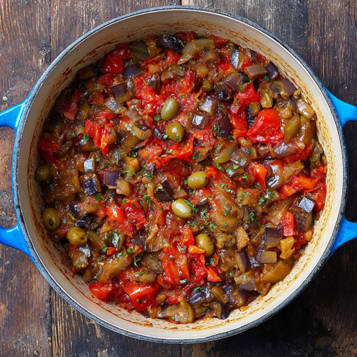 Healthy Sicilian Caponata Recipe | Sweet & Sour Eggplant Dish 12 “Homemade Sicilian caponata simmering in a blue Dutch oven with eggplant, tomatoes, celery, and olives.”