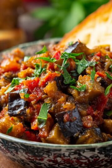 Healthy Sicilian Caponata Recipe | Sweet & Sour Eggplant Dish 8 Sicilian caponata recipe Sicilian caponata served in a bowl with crusty bread, featuring eggplant, tomatoes, and Mediterranean flavors.