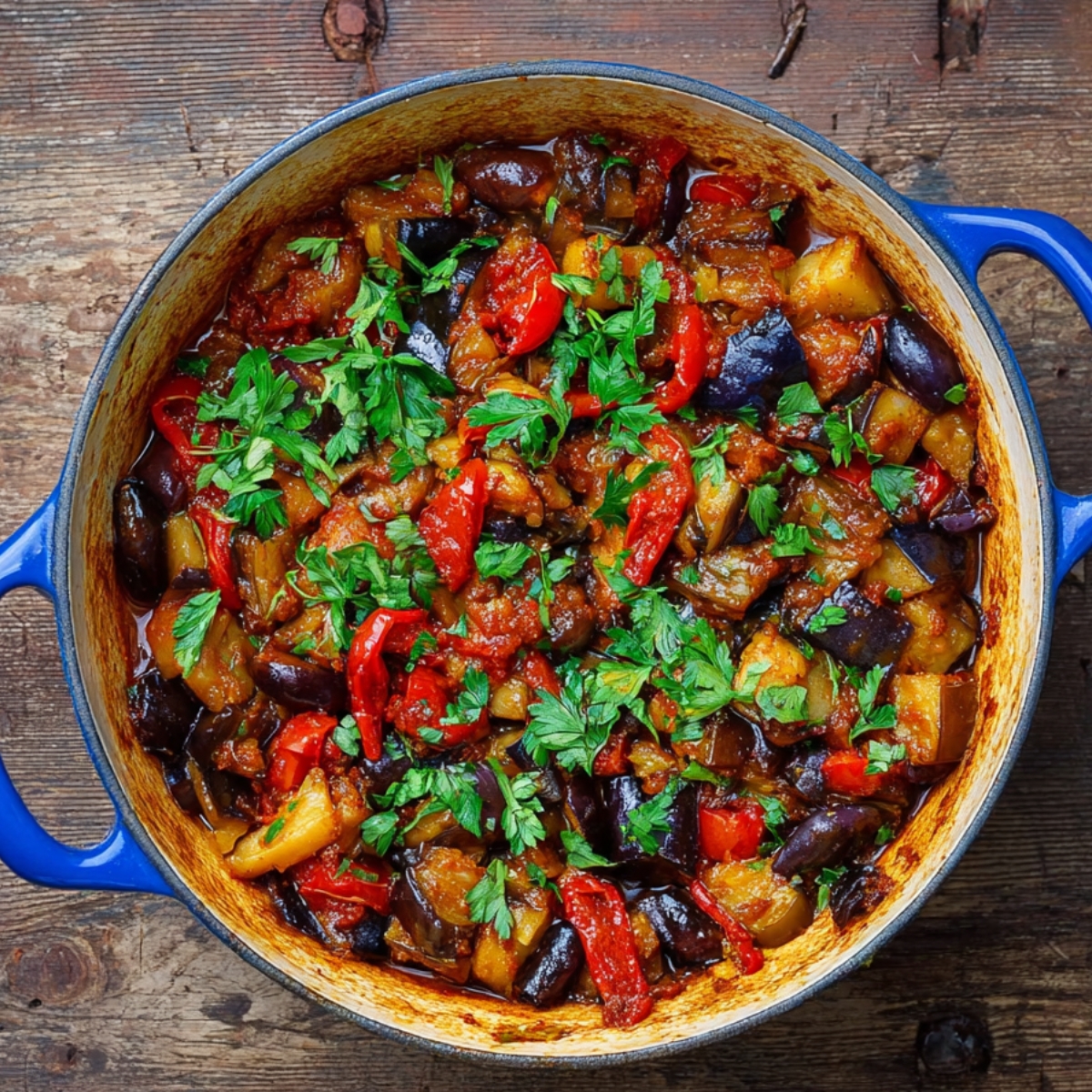 Healthy Sicilian Caponata Recipe | Sweet & Sour Eggplant Dish 13 “Sicilian caponata cooked in a blue Dutch oven, made with eggplant, tomatoes, olives, and capers, garnished with fresh parsley.”