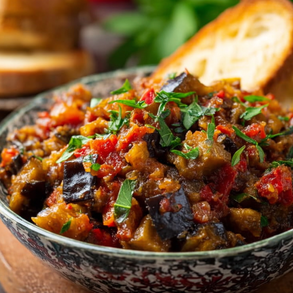 Sicilian caponata recipe Sicilian caponata served in a bowl with crusty bread, featuring eggplant, tomatoes, and Mediterranean flavors.