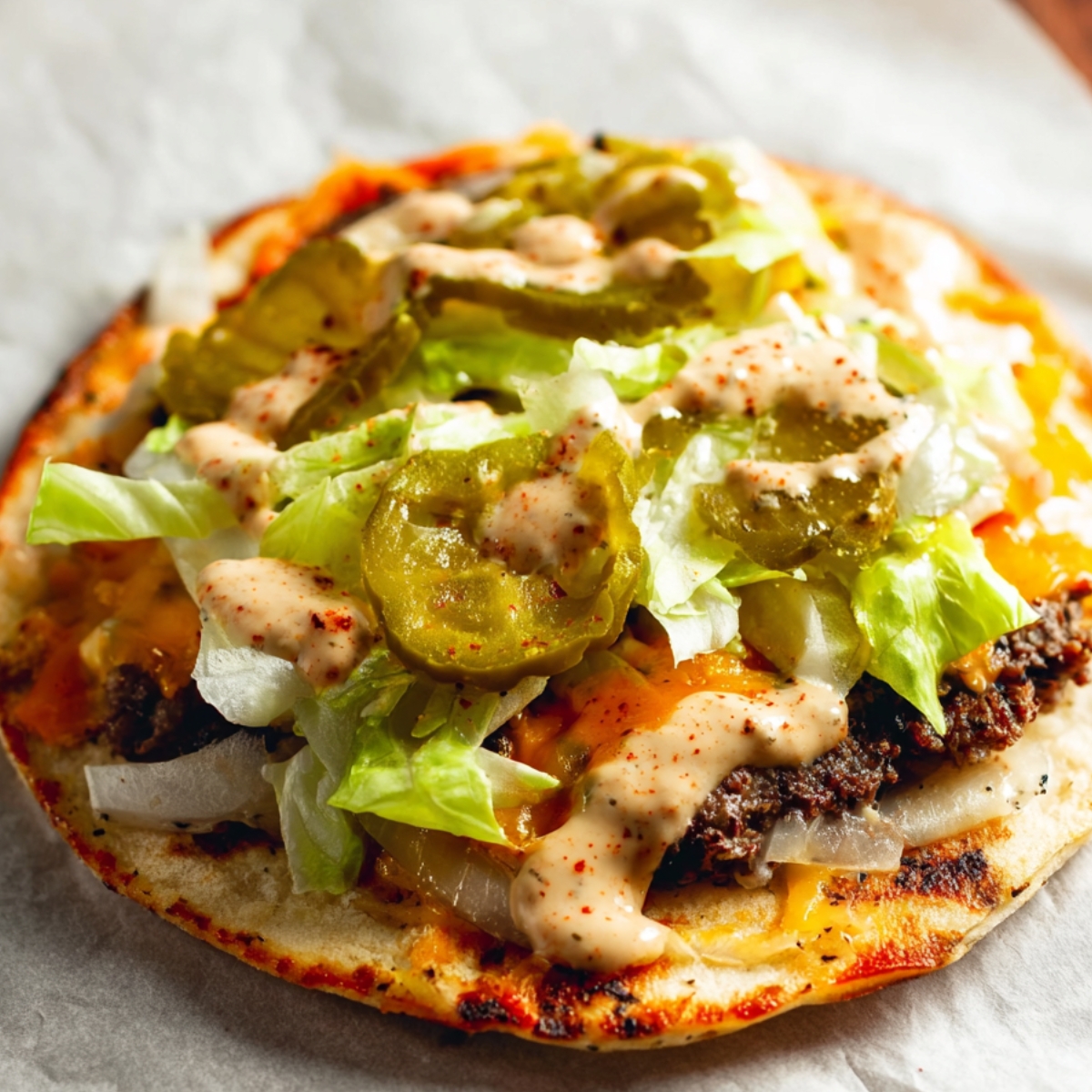 Smash Burger Tacos A finished smash burger taco with cheese, pickles, shredded lettuce, and sauce, all assembled on flatbread, ready to be eaten.