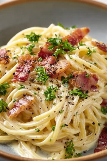 Easy Spaghetti Carbonara Recipe 6 Spaghetti Carbonara Plated spaghetti carbonara with crispy bacon, parsley garnish, and black pepper.