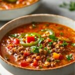 Stuffed Pepper Soup Close-up of stuffed pepper soup served in a ceramic bowl, garnished with fresh herbs, rich tomato-based broth, ground beef and peppers visible, modern food styling, soft daylight, professional food photography