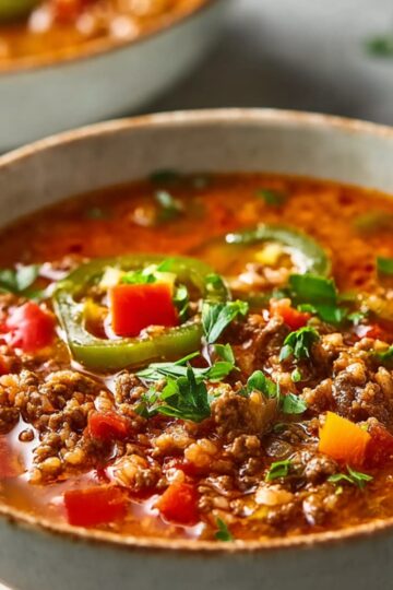 Stuffed Pepper Soup Recipe | Easy & Comforting in 52 Min 4 Stuffed Pepper Soup Close-up of stuffed pepper soup served in a ceramic bowl, garnished with fresh herbs, rich tomato-based broth, ground beef and peppers visible, modern food styling, soft daylight, professional food photography