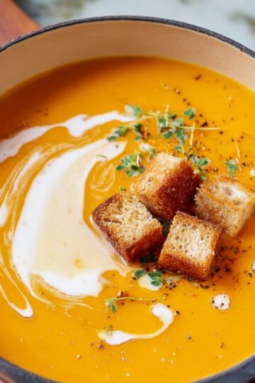 Easy Sweet Potato Soup Recipe | Vegan & Gluten-Free 1 Sweet Potato Soup Top-down food photography of a creamy sweet potato soup in a white pot, vibrant orange color, wooden spoon stirring, cream swirl on top, marble background, fresh ingredients around (sweet potatoes, apple, seeds, herbs), natural soft light, minimalistic food styling, high resolution, realistic”