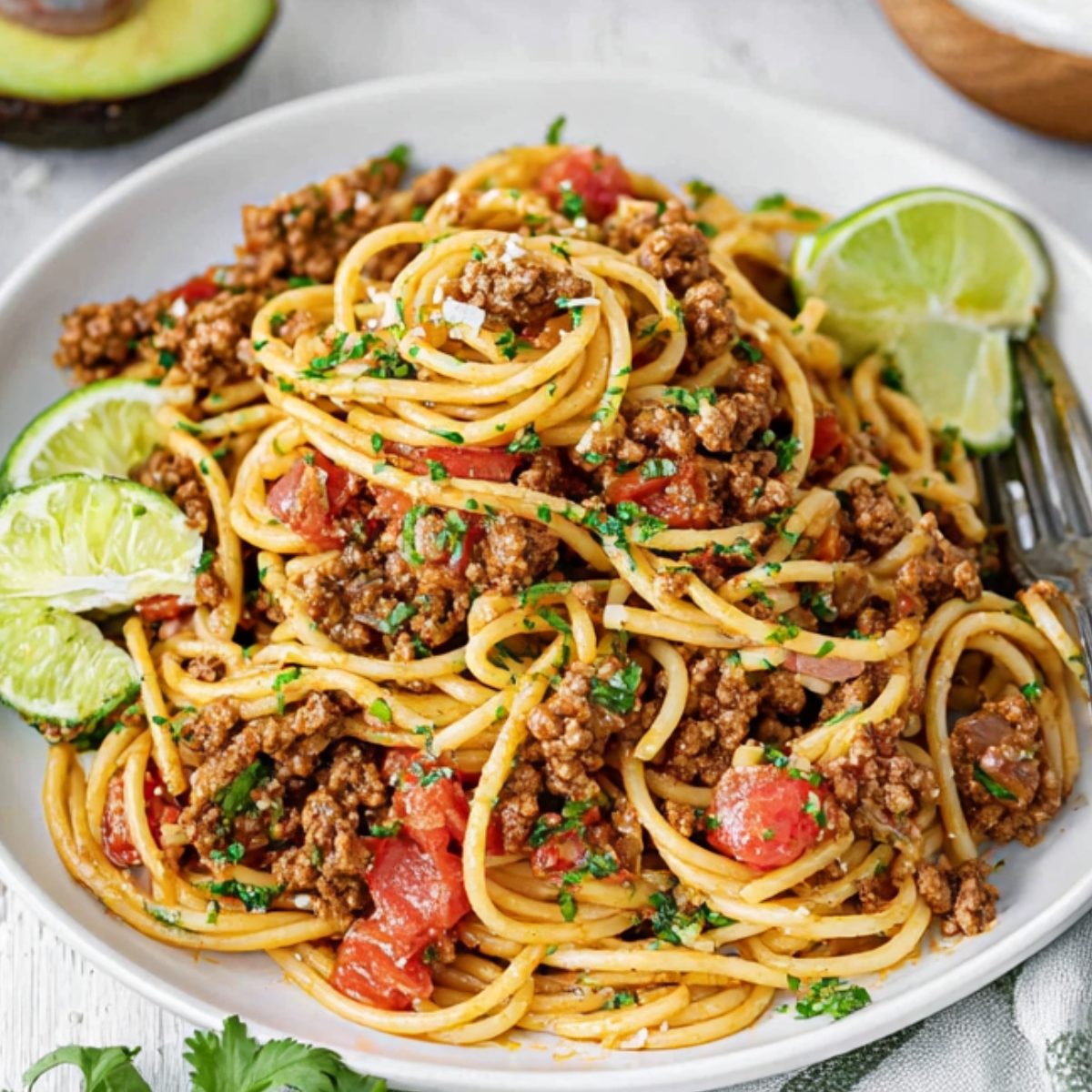 Plated taco spaghetti with seasoned ground beef, tomatoes, and herbs, served with lime wedges and garnished with cilantro.