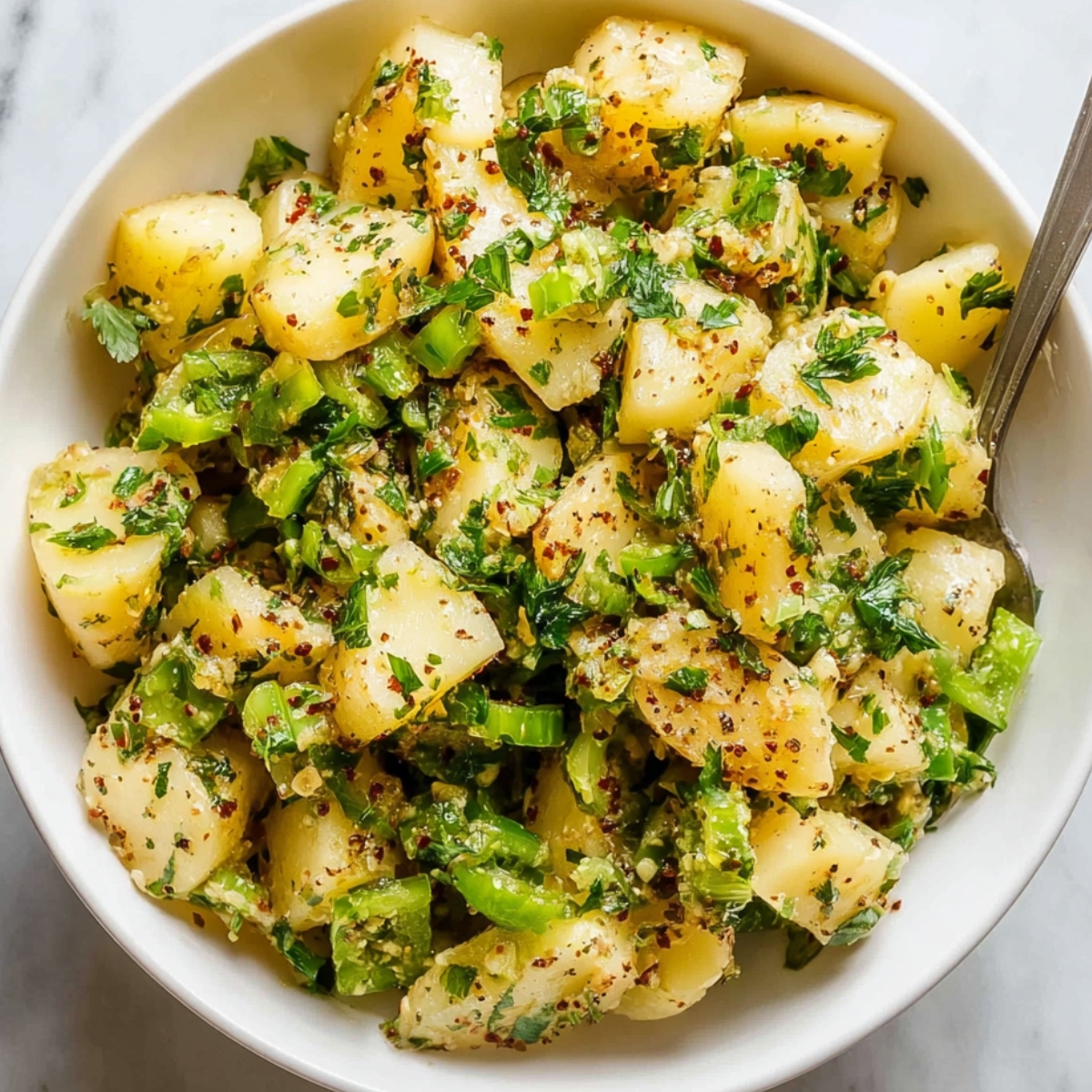 Turkish potato salad Overhead view of Turkish potato salad in a white bowl, featuring tender potatoes mixed with green onions, parsley, spices, and olive oil on a marble background.