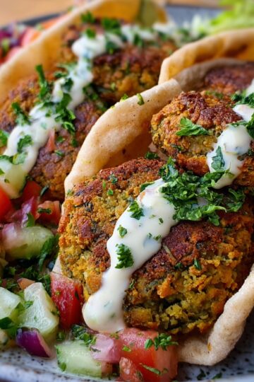 Easy Authentic Falafel Recipe | Golden & Crispy in 50 Min 6 authentic falafel recipe Crispy falafel patties served in soft pita bread, drizzled with creamy tahini sauce and topped with fresh parsley, with tomato and cucumber salad on the side
