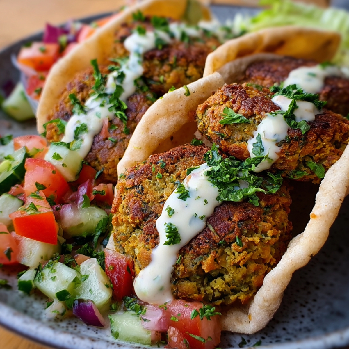 Easy Authentic Falafel Recipe | Golden & Crispy in 50 Min 9 authentic falafel recipe Crispy falafel patties served in soft pita bread, drizzled with creamy tahini sauce and topped with fresh parsley, with tomato and cucumber salad on the side