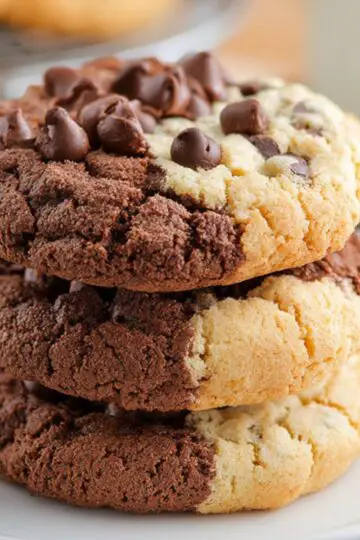 Easy Brookies Cookies Recipe | Half Cookie, Half Brownie 7 brookies cookies Stack of thick half chocolate and half vanilla chocolate chip cookies on a white plate, with a glass bottle of milk in the background.
