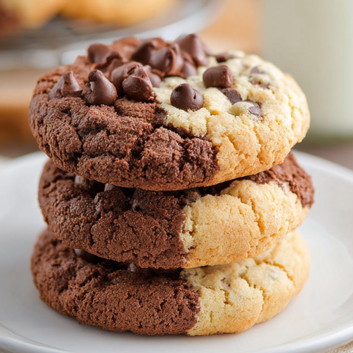 brookies cookies Stack of thick half chocolate and half vanilla chocolate chip cookies on a white plate, with a glass bottle of milk in the background.