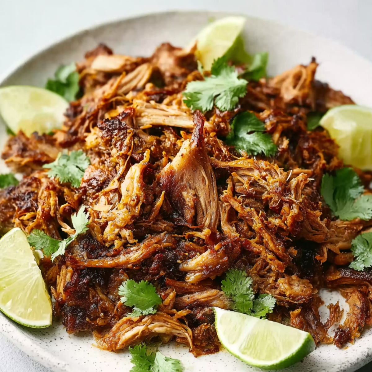 carnitas crockpot Close-up food photography of crispy Mexican carnitas, golden-brown shredded pork piled on a white ceramic plate, garnished with fresh cilantro and lime wedges, juicy texture, crispy edges, natural daylight, high detail, shallow depth of field, food magazine style