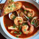 cioppino recipe A beautiful bowl of cioppino seafood stew filled with shrimp, clams, and fish, swimming in a rich, flavorful tomato broth. Fresh parsley and a side of crispy garlic bread add the perfect finishing touch