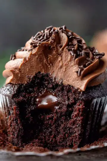 Easy Cream-Filled Chocolate Cupcakes | Homemade Recipe 13 cream-filled chocolate cupcakes with a bite taken out, revealing a gooey chocolate ganache center and topped with chocolate frosting and chocolate sprinkles, moist crumb, cupcake wrapper peeled back.