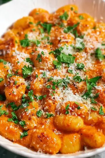 Creamy tomato gnocchi served in a dish, topped with grated Parmesan cheese and fresh parsley.