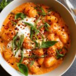 creamy tomato gnocchi with burrata A bowl of gnocchi coated with creamy tomato sauce, topped with fresh basil leaves and a sprinkle of chili flakes and cheese.