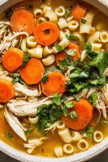 Ginger Chicken Soup Recipe | Easy & Comforting in 40 Min 7 ginger chicken soup Overhead view of a bowl of homemade chicken noodle soup with shredded chicken, sliced carrots, small pasta, and fresh herbs in a golden broth.