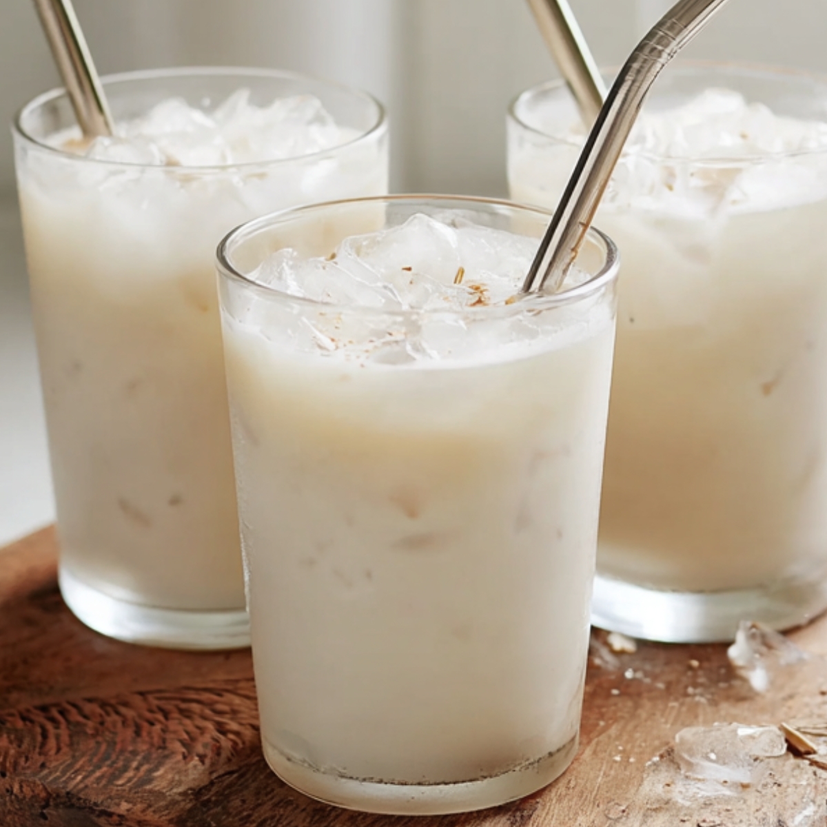 horchata recipe Three small clear glasses filled with creamy Mexican horchata over ice, placed on a rustic carved wooden board, stainless steel reusable straws in the glasses, soft natural window light, white minimal background, elegant food photography, airy and bright mood, shallow depth of field, high detail, lifestyle drink photography, neutral tones, 50mm lens, f/2.8