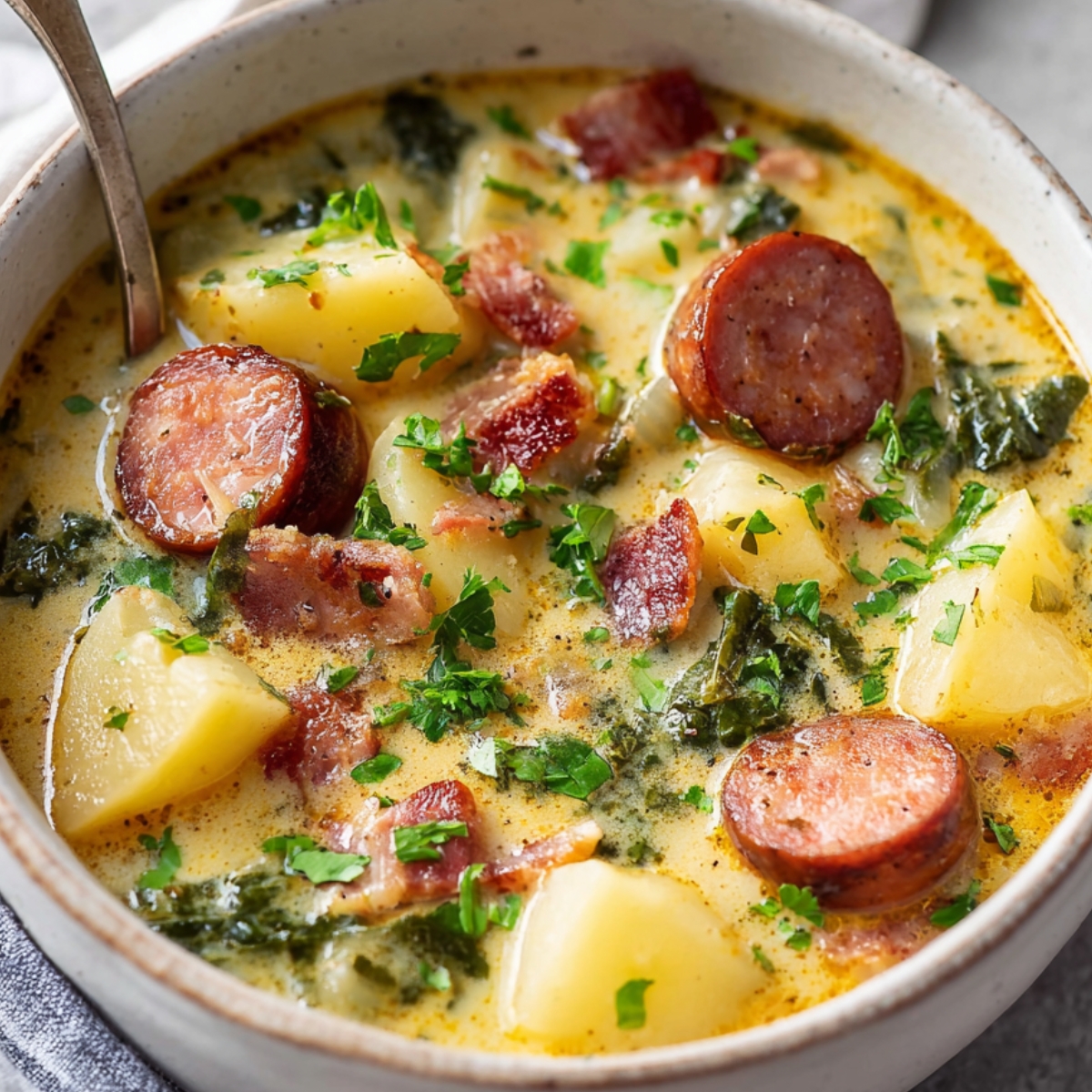 kielbasa potato soup served in a ceramic bowl, creamy texture, sausage slices, tender potatoes, fresh herbs, cozy comfort meal, minimal styling, Pinterest-style food photography, bright natural light