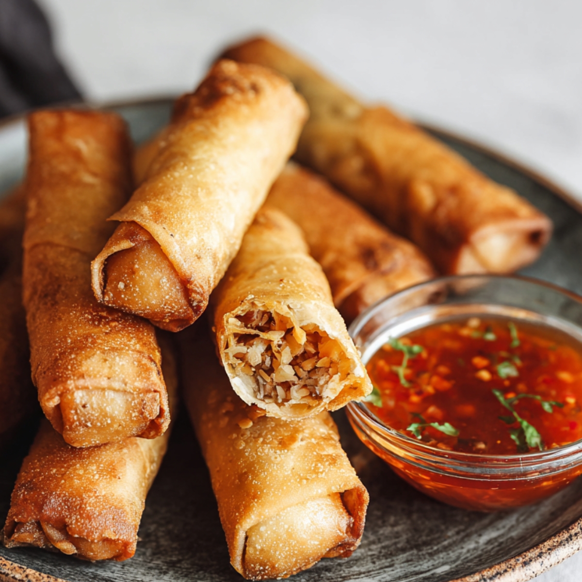 lumpia recipe Close-up of freshly fried lumpia spring rolls showing the savory filling, served with sweet chili sauce on a ceramic plate