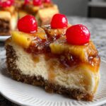 pineapple upside down cake A close-up shot of a slice of pineapple upside-down cheesecake. The cheesecake is rich and creamy, topped with caramelized pineapple slices and bright red maraschino cherries. The golden crust adds a nice contrast to the smooth cheesecake filling.