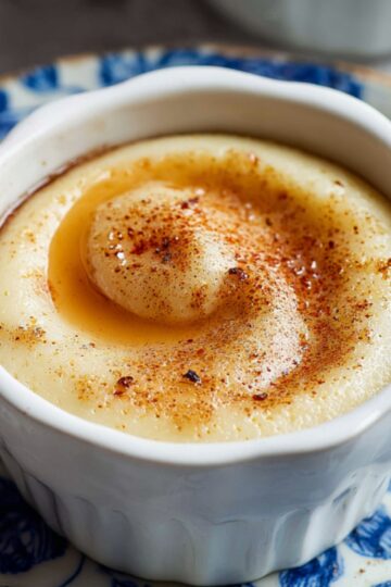 Healthy Rømmegrøt Recipe: Creamy Norwegian Porridge in 55 Minutes 1 rømmegrøt recipe Traditional Norwegian rømmegrøt served in a white ramekin, topped with melted butter and cinnamon sugar, placed on a blue floral plate.