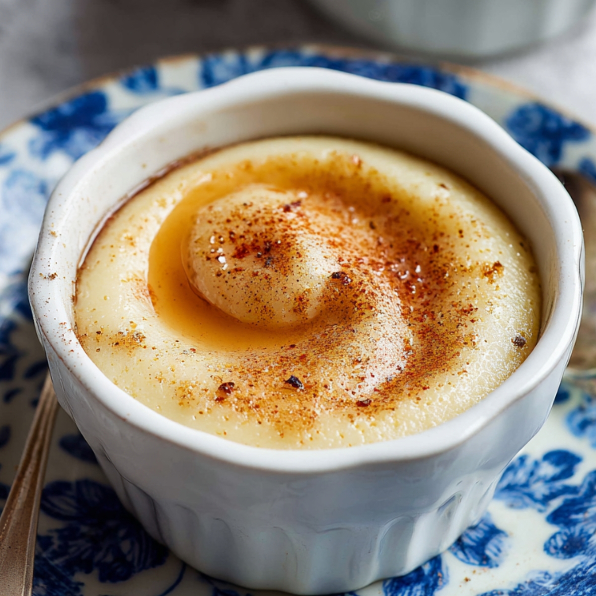 rømmegrøt recipe Traditional Norwegian rømmegrøt served in a white ramekin, topped with melted butter and cinnamon sugar, placed on a blue floral plate.