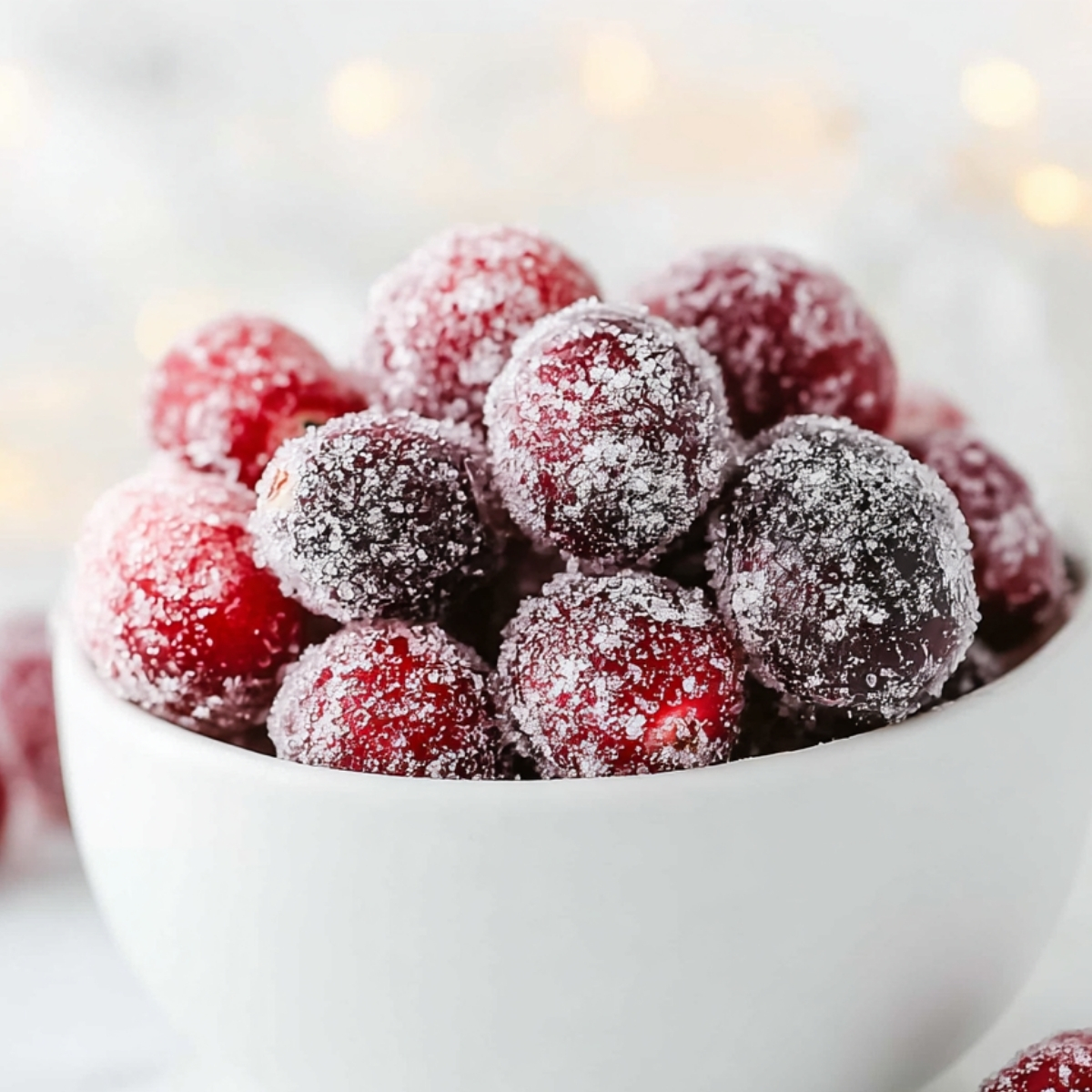 sugared cranberries A white bowl filled with sugar-coated cranberries, styled on a bright, soft background.