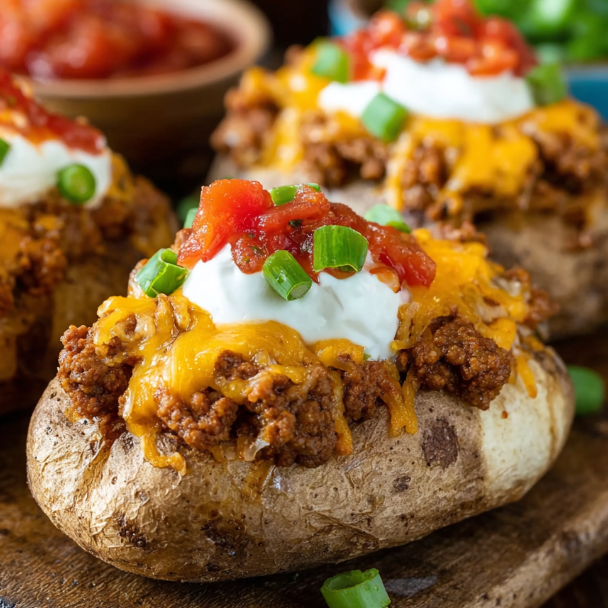 taco potatoes High-quality food photography of taco stuffed baked potatoes topped with seasoned ground beef, melted cheddar cheese, sour cream, salsa, and chopped green onions, served on a rustic wooden board, shallow depth of field, warm lighting, comfort food style, ultra realistic, Pinterest-style photography
