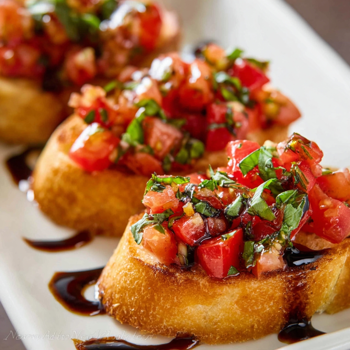 tomato bruschetta on toasted bread topped with fresh tomatoes, basil, and balsamic glaze on a white plate
