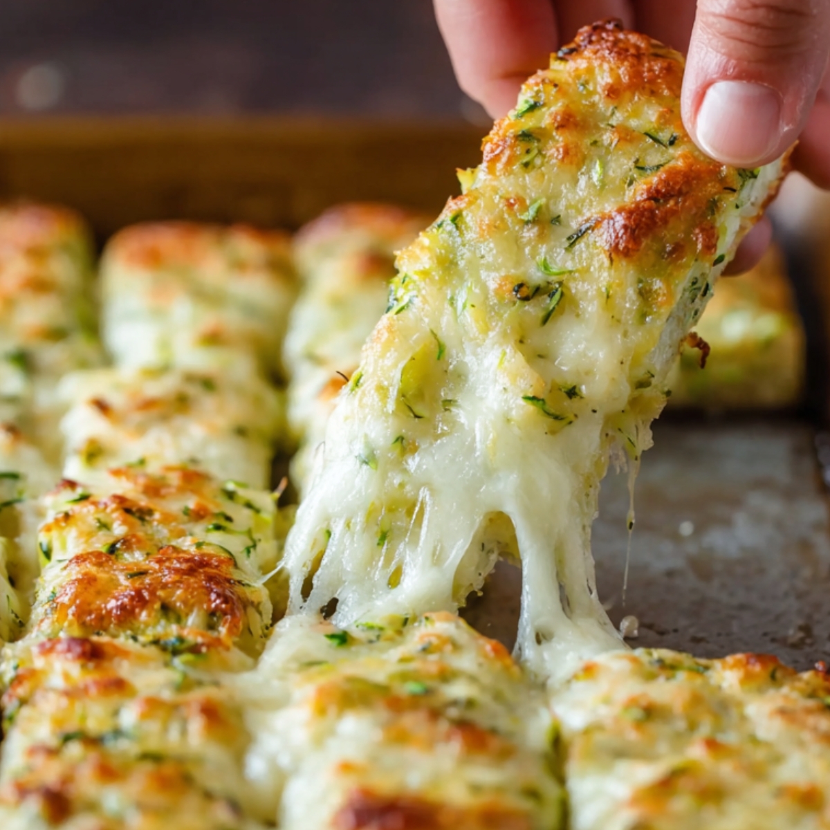 zucchini breadsticks Hand lifting a cheesy zucchini breadstick from a baking tray with melted mozzarella stretching