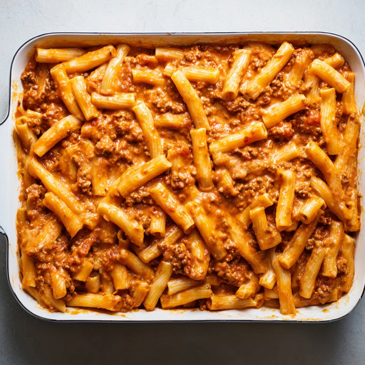 Best Baked Ziti Recipe | Feed a Crowd in Under 1 Hour 12 Top-down view of ziti pasta fully mixed with creamy tomato meat sauce in a rectangular baking dish before baking