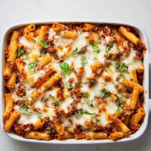Best Baked Ziti Recipe | Feed a Crowd in Under 1 Hour 18 Overhead photo of baked ziti casserole with melted cheese, tomato meat sauce, and basil garnish in a white ceramic baking dish