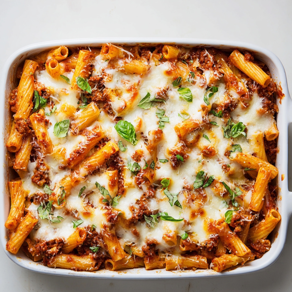 Best Baked Ziti Recipe | Feed a Crowd in Under 1 Hour 13 Overhead photo of baked ziti casserole with melted cheese, tomato meat sauce, and basil garnish in a white ceramic baking dish