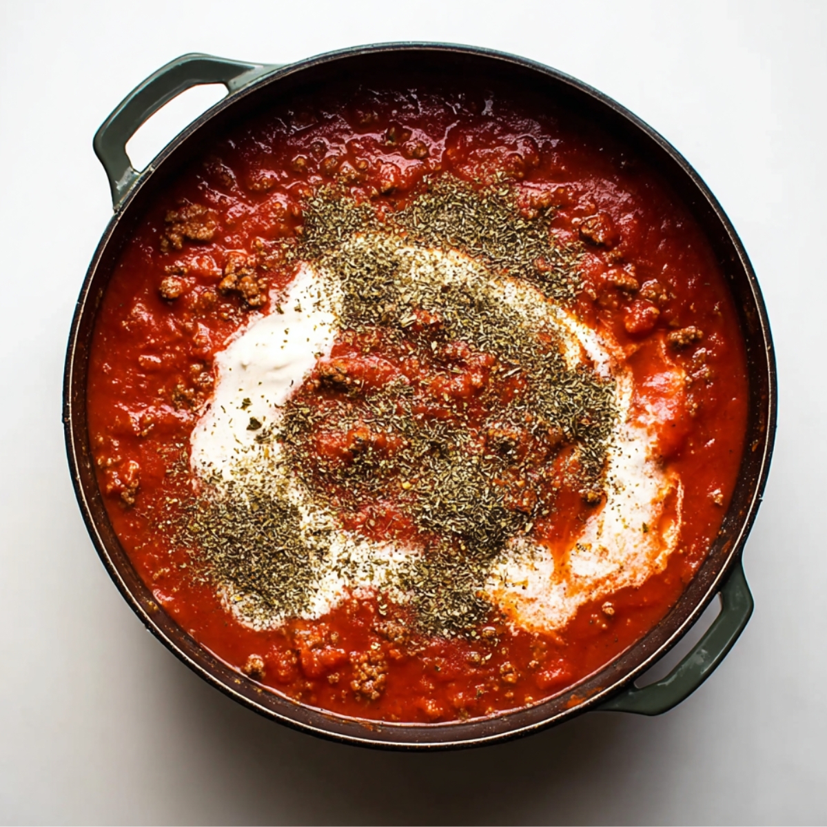 Best Baked Ziti Recipe | Feed a Crowd in Under 1 Hour 10 Overhead view of tomato meat sauce topped with cream and dried Italian herbs in a dark pot on a white background