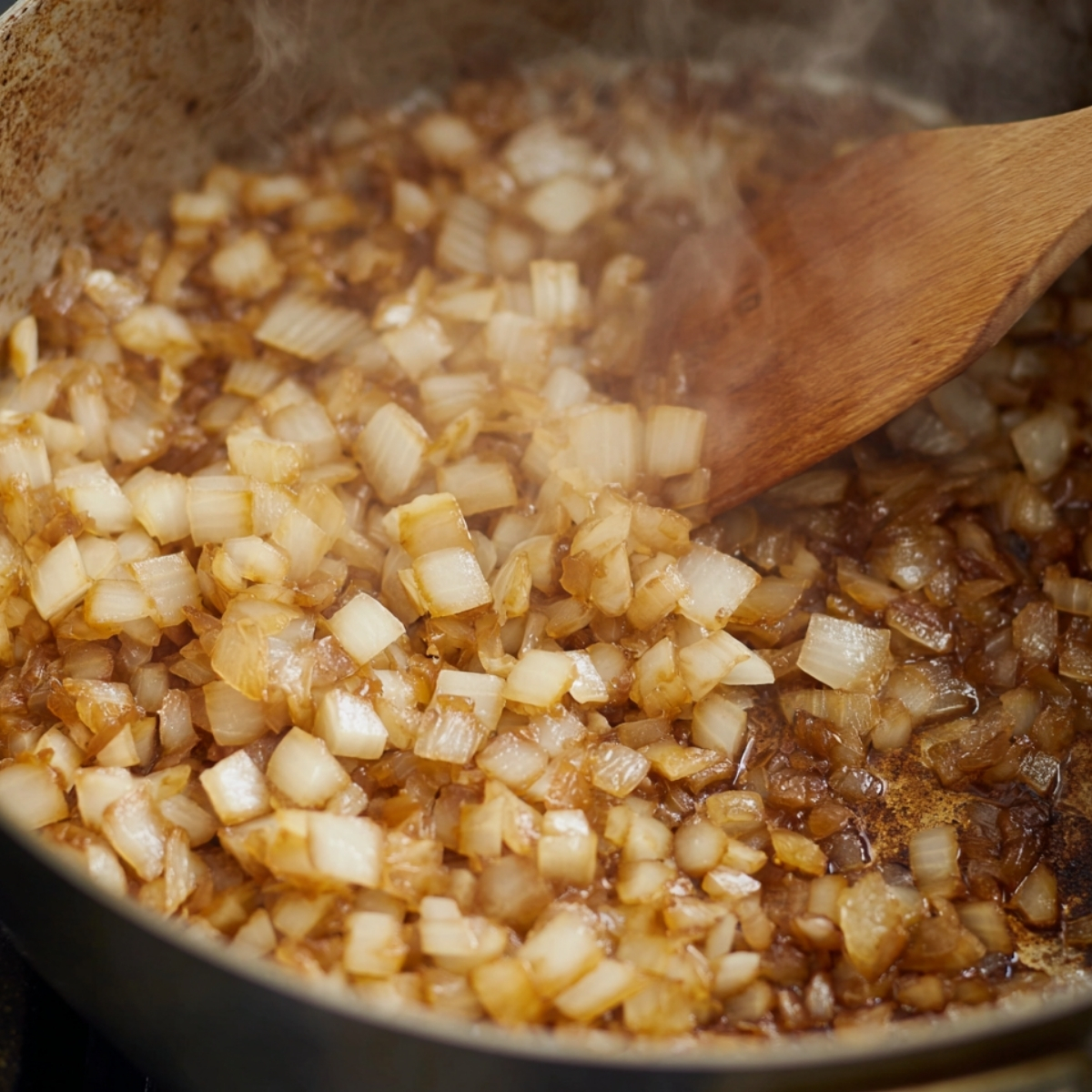 Easy Beef Mechado Recipe - Tender Filipino Tomato Beef Stew 11 Diced onions sautéing and caramelizing in a pot with a wooden spoon as the base for beef mechado.