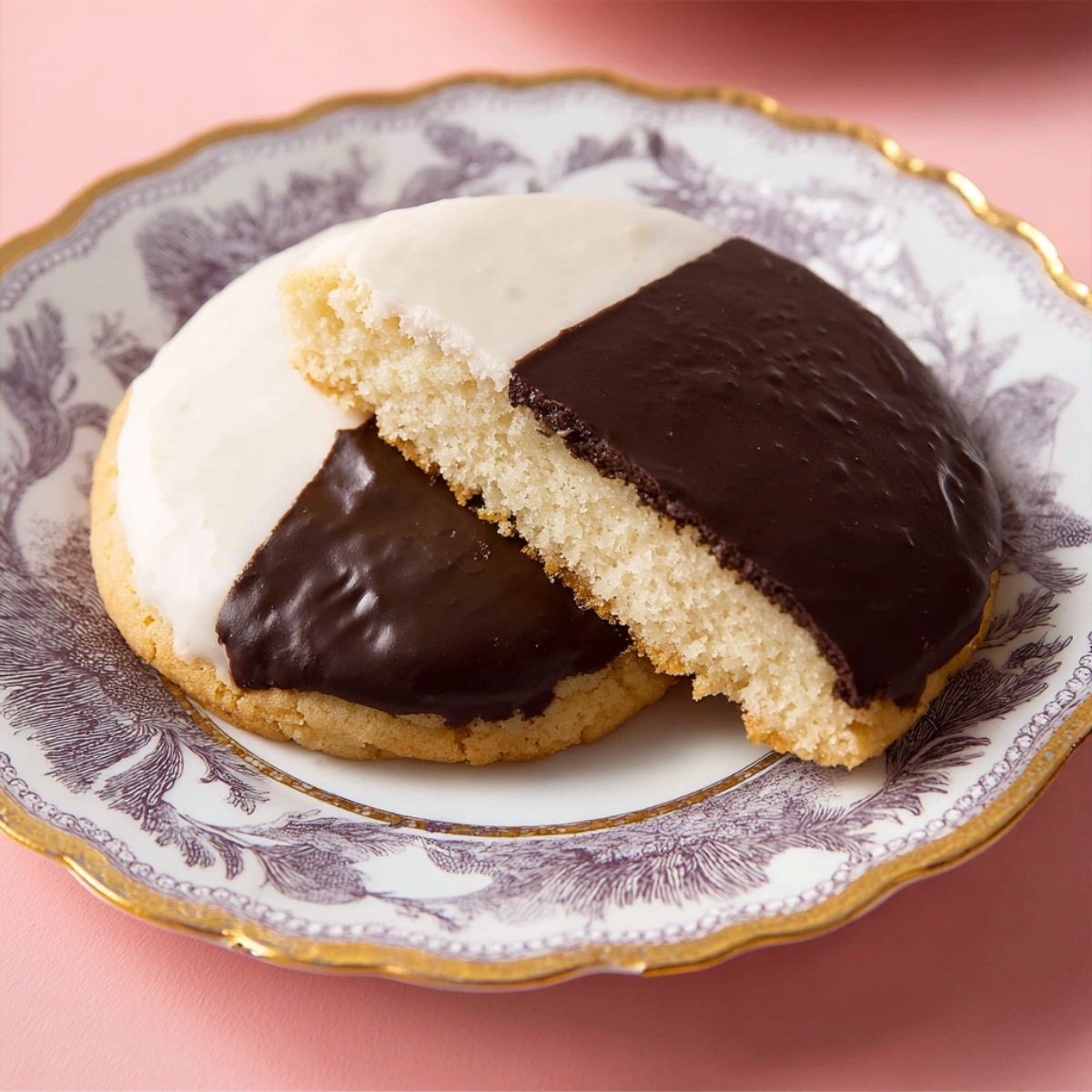 Black and White Cookies | Easy Homemade Recipe Guide 13 Black and white cookie sliced open on a patterned plate, half covered in chocolate icing and half in vanilla icing.