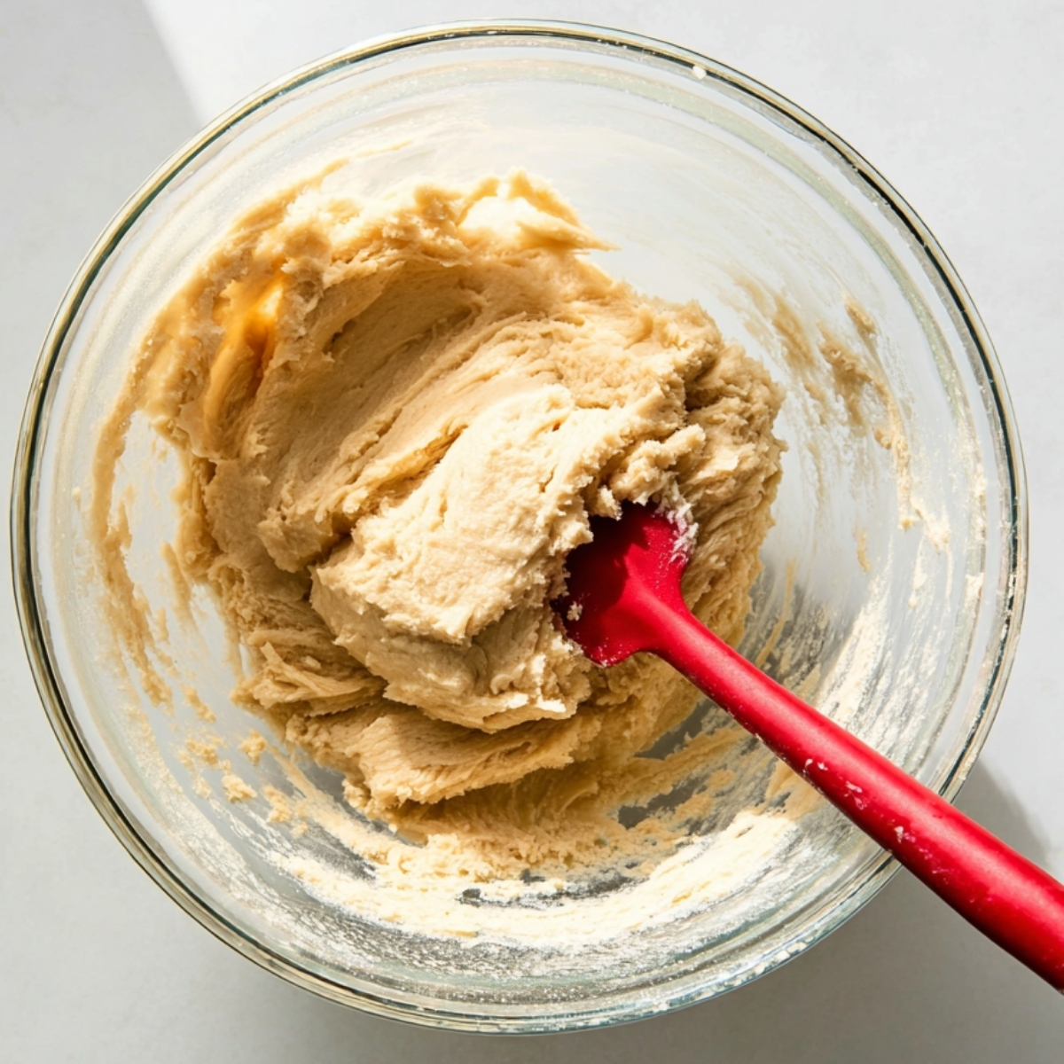 Black and White Cookies | Easy Homemade Recipe Guide 10 Overhead view of thick cookie dough being mixed in a glass bowl with a red silicone spatula.