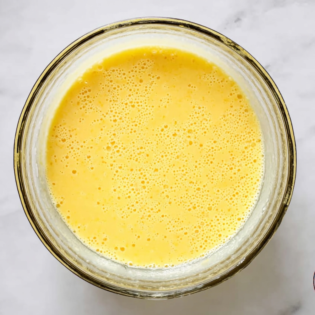 Buttermilk Chess Pie Recipe | 8 Simple Ingredients 11 Glass bowl filled with yellow pie batter, viewed from above on a light marble countertop.