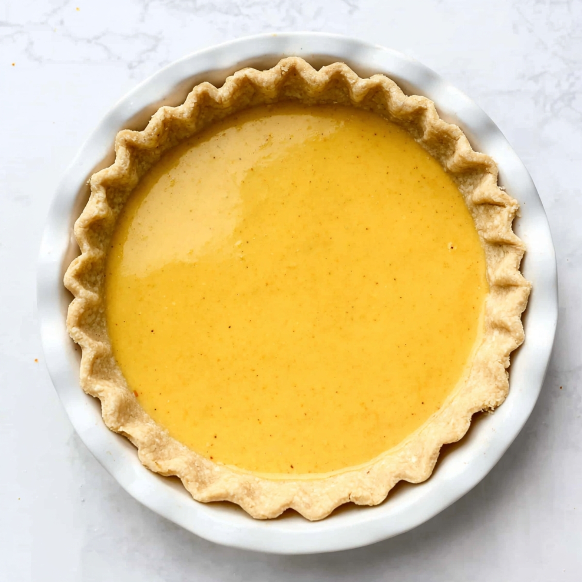 Buttermilk Chess Pie Recipe | 8 Simple Ingredients 12 Unbaked buttermilk chess pie with smooth yellow filling in a fluted pie crust, top-down view.