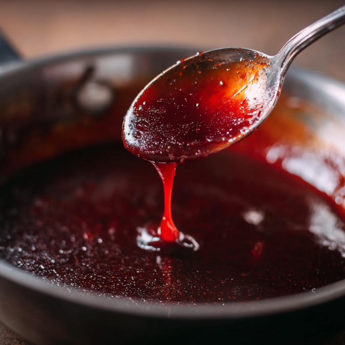 Easy Char Siu Chicken Recipe | Sticky Chinese BBQ Chicken 10 Close-up of thick homemade char siu sauce dripping slowly from a spoon into a pan, showing glossy deep red texture.