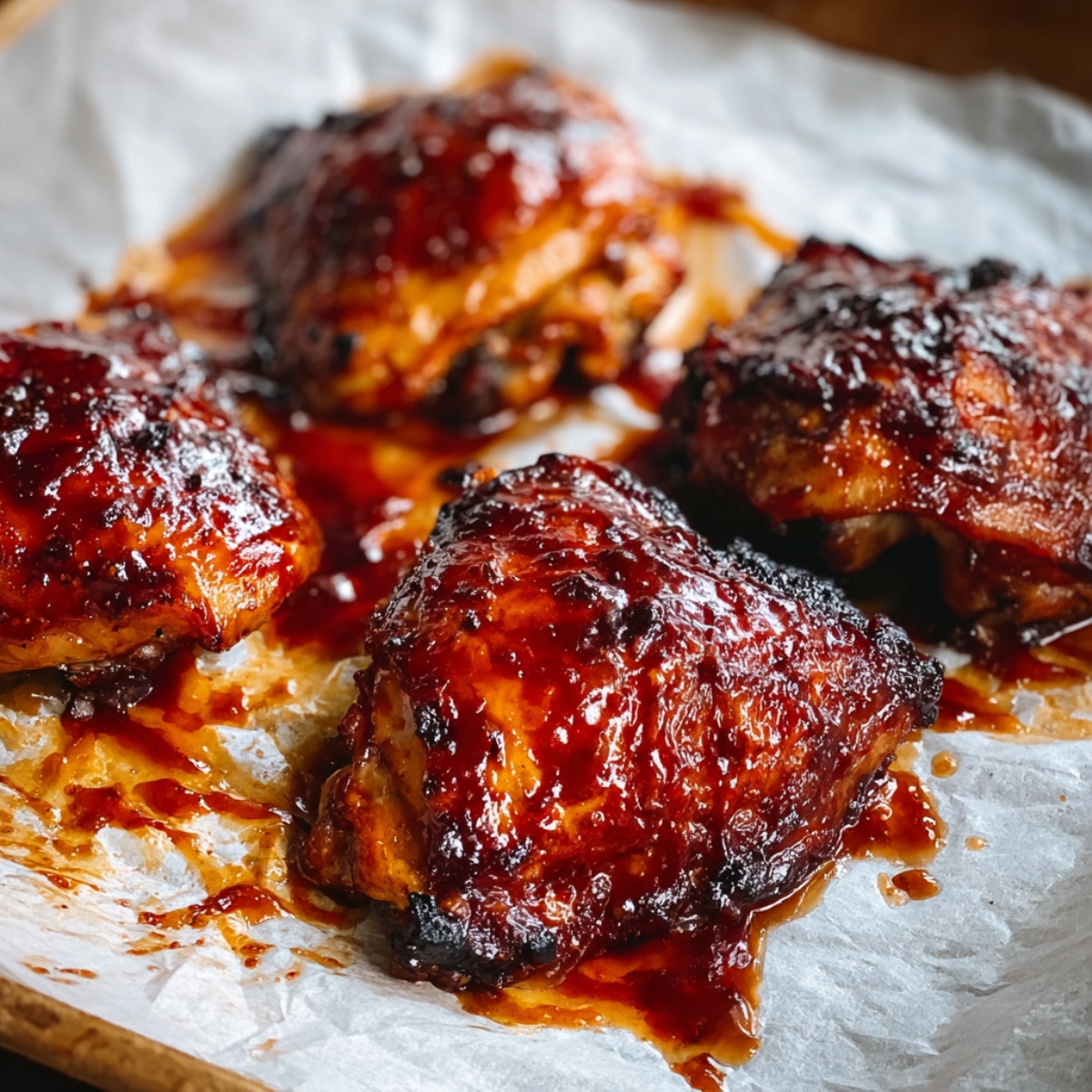 Easy Char Siu Chicken Recipe | Sticky Chinese BBQ Chicken 12 Oven-baked char siu chicken thighs on parchment paper, caramelized with sticky barbecue glaze and slightly charred edges.